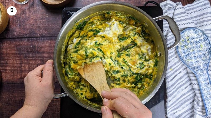 Adding ricotta cheese and seasoning.