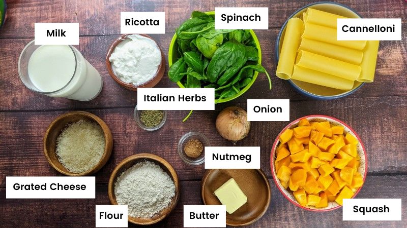 Ingredients for baked cannelloni with squash and ricotta.