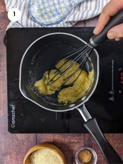 Mixing the oil with the flour for the béchamel sauce.