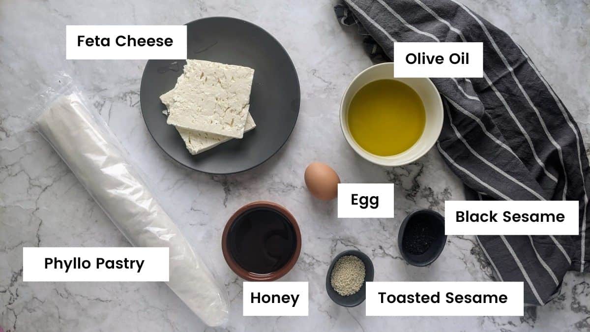 Ingredients for baked feta in filo with honey Ingredients for baked feta in filo with honey.