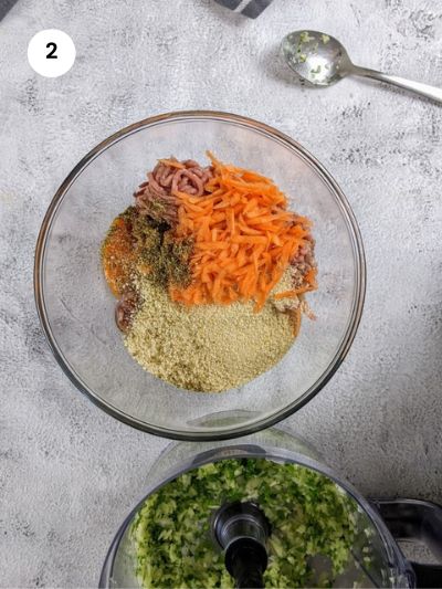 Adding all meatball ingredients to a bowl.