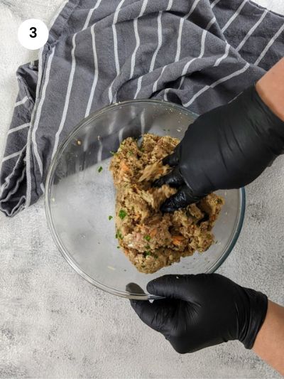 Mixing the meatball ingredients.