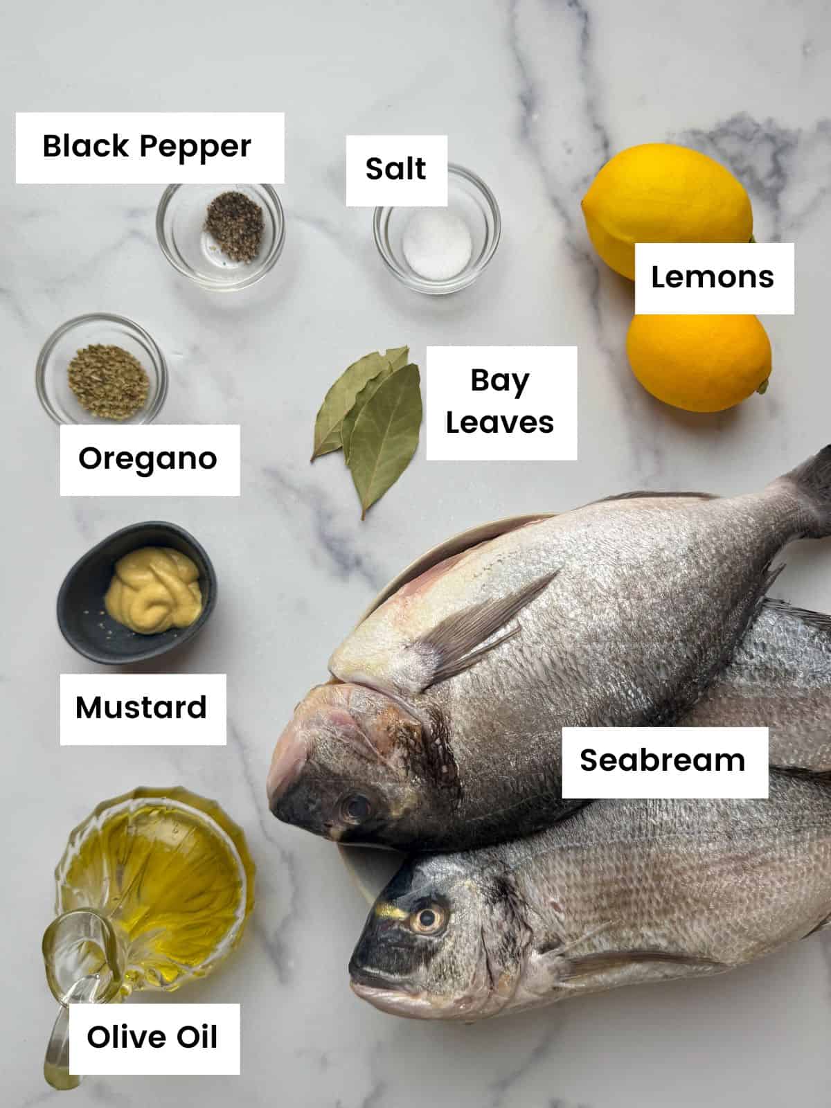 Ingredients for oven baked whole sea breams Ingredients for oven baked whole sea breams.