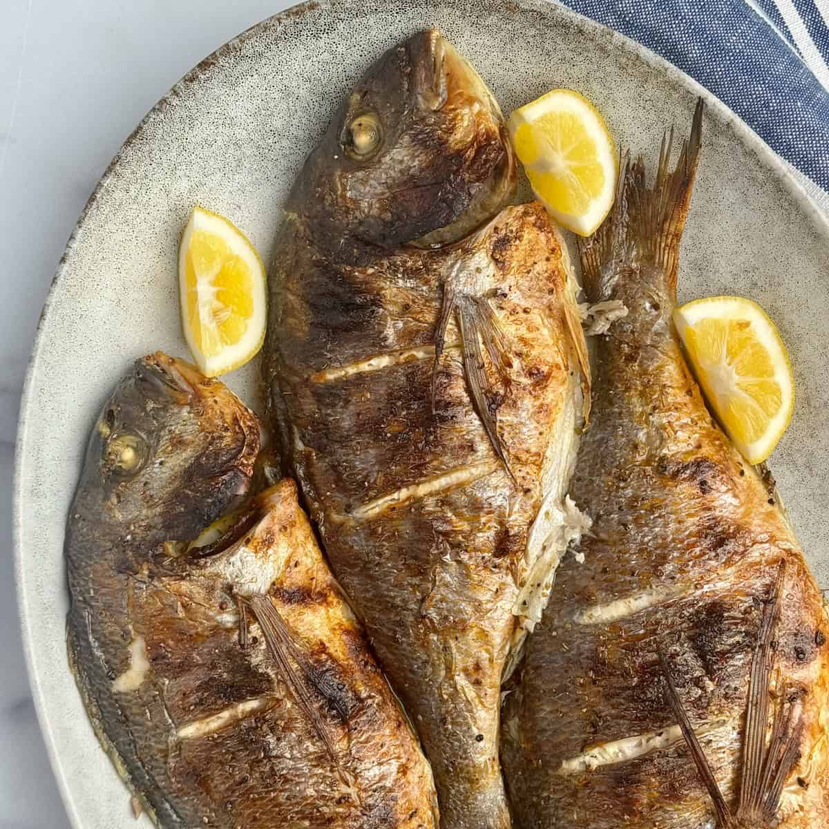 Baked sea breams served in gray platter with lemon slices.