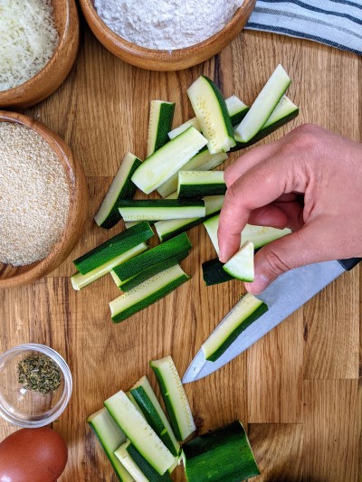 A zucchini wedge shown vertically.