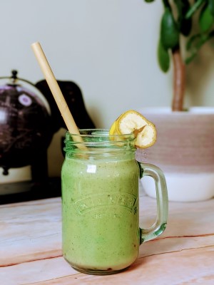 Banana & Dates & Coconut Smoothie served in a glass