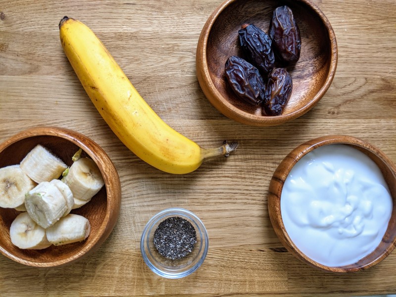 Ingredients for banana & dates & coconut smoothie.