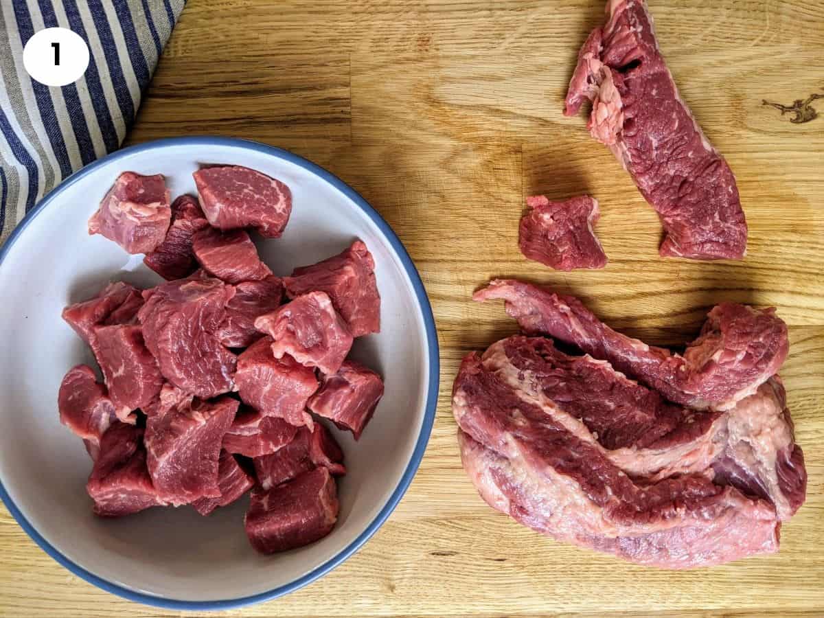 How to cut the beef for the casserole.