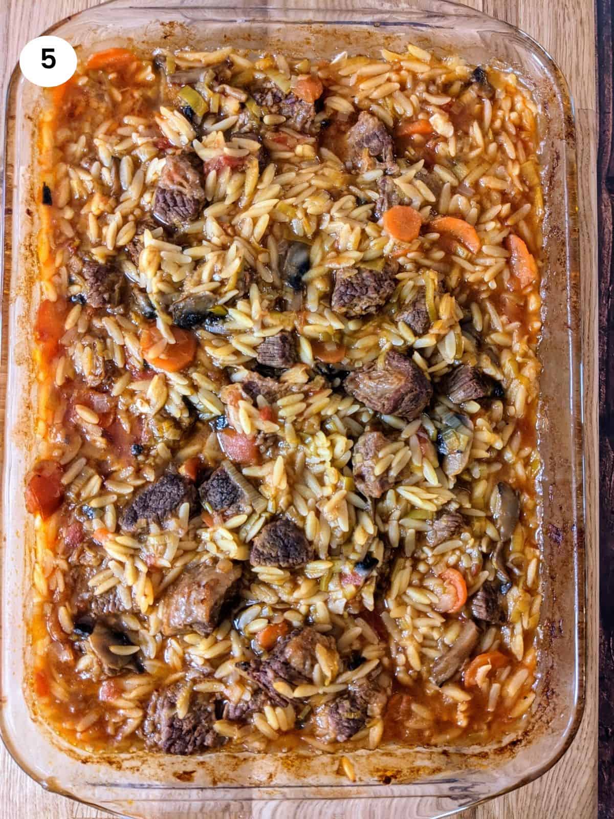 Cooked beef casserole with orzo.