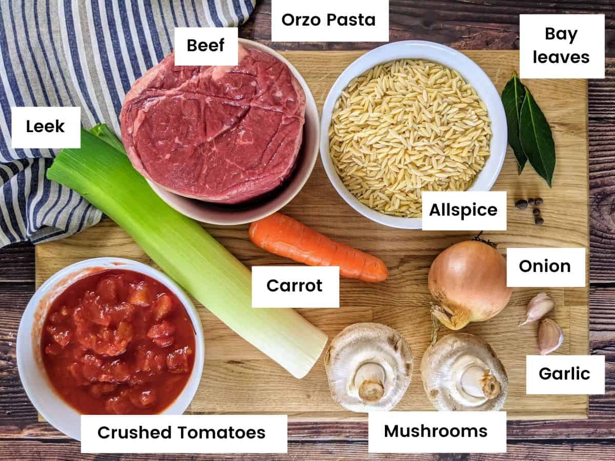 Beef with orzo casserole ingredients.