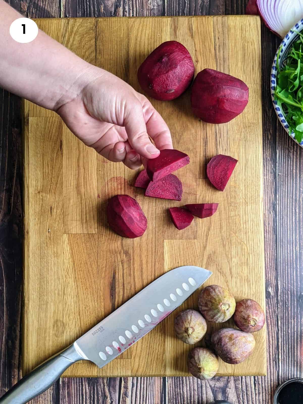 Cutting the beets into half slices.