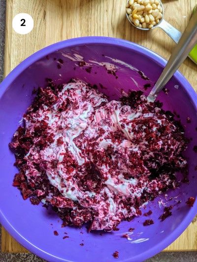 Yogurt and beetroot mix.