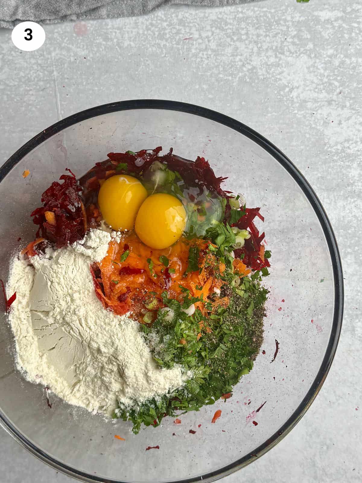 Added the eggs, flour and seasoning to the bowl.