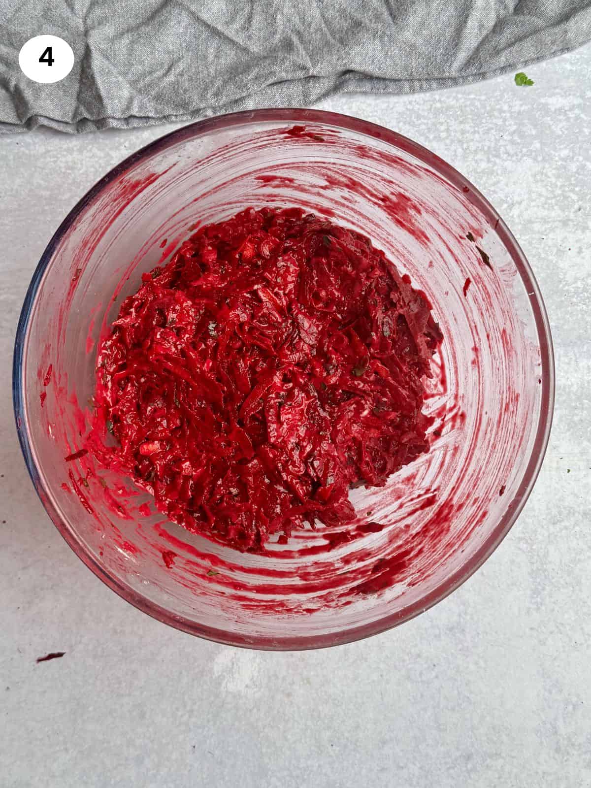 Mixed ingredients ready for shaping the beet patties.