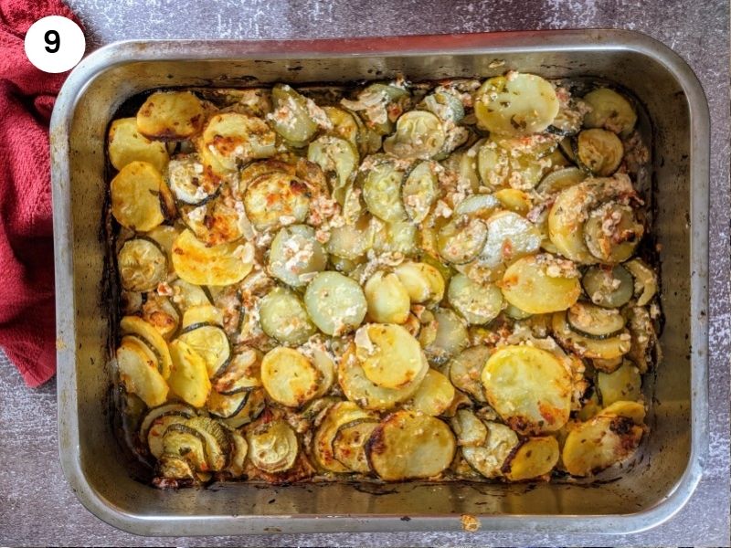 Zucchini casserole in the tray as it comes out of the oven 