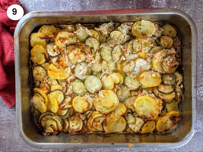 Zucchini casserole in the tray as it comes out of the oven Zucchini casserole in the tray as it comes out of the oven .
