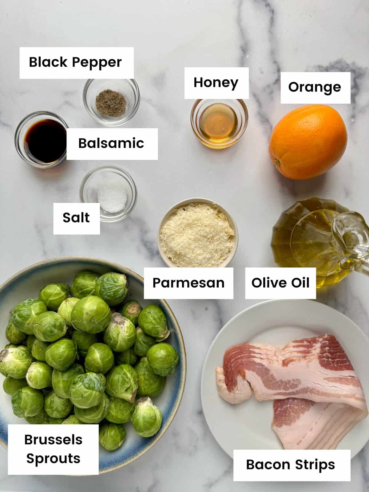 Ingredients for roasted brussels sprouts with parmesan and bacon.