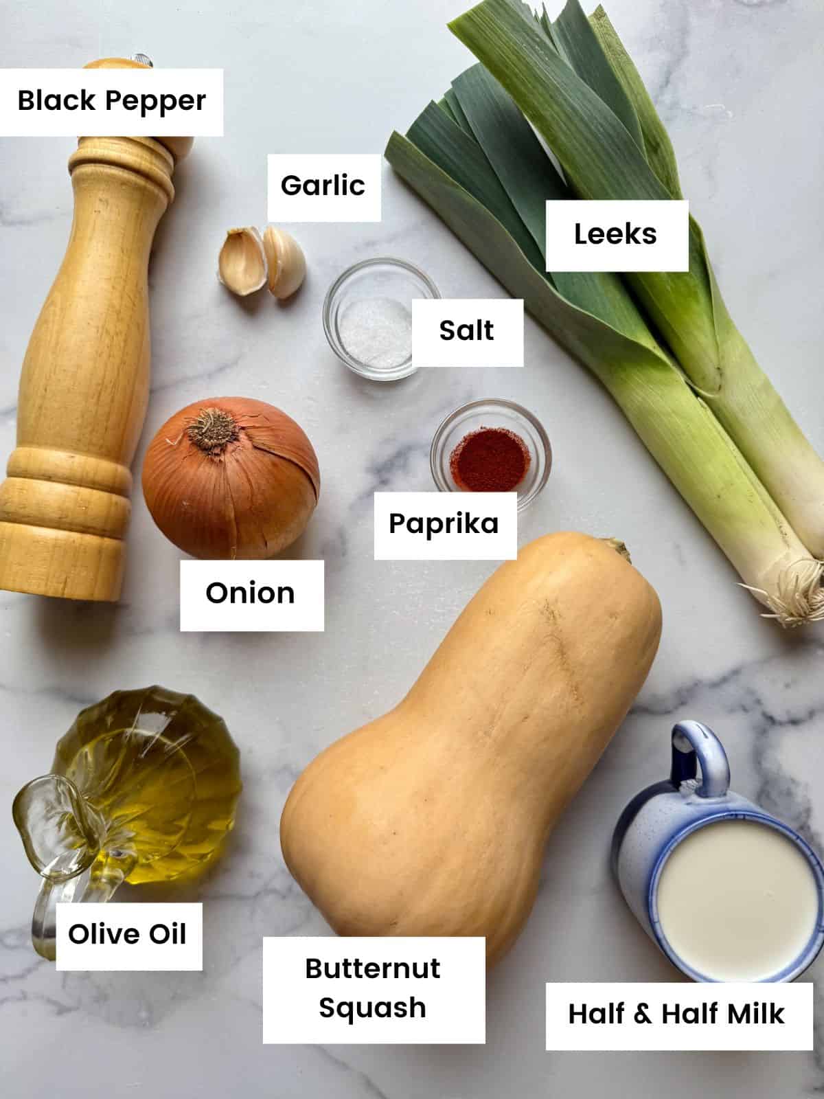 Ingredients for butternut squash and leeks soup.