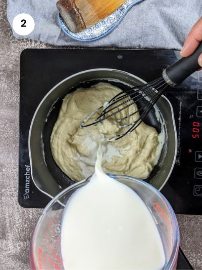 Adding the milk little by little to the flour mixture.