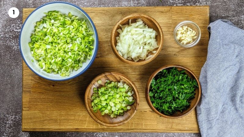 Chopped vegetables ready to be used for preparing the cannelloni.