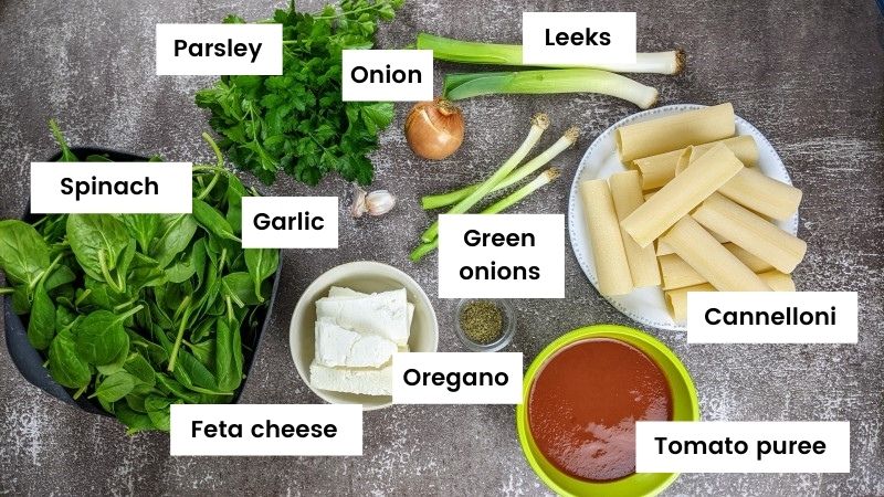 Ingredients for spinach and feta cannelloni Ingredients for spinach and feta cannelloni.