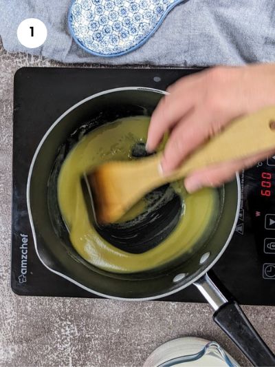 Mixing the oil with the flour for the bechamel sauce.