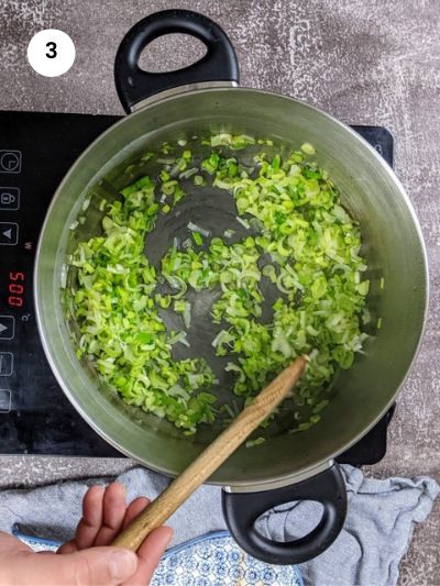 Sauteing the onion, leek and green onions for the cannelloni filling