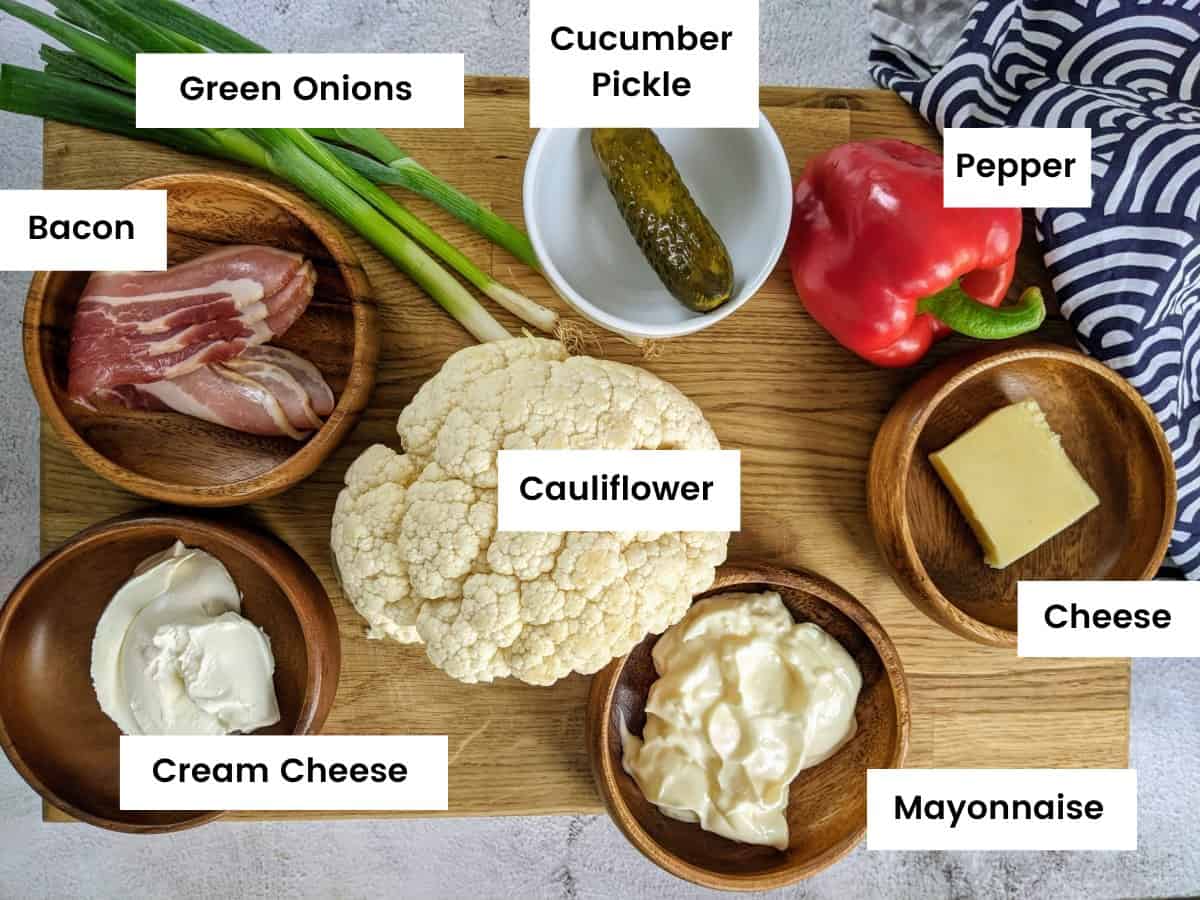 Ingredients for crunchy cauliflower & bacon salad Ingredients for crunchy cauliflower & bacon salad.