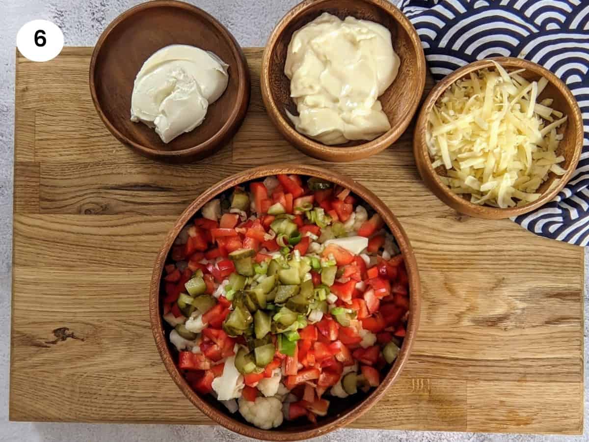 Preparing the mayo based sauce for the cauliflower salad.