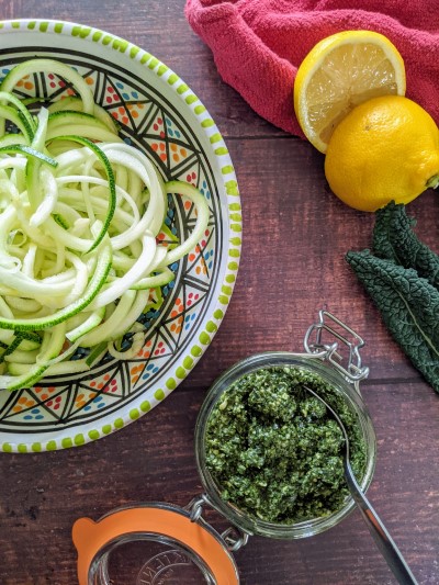 Spiralized zucchini into spaghetti shape.