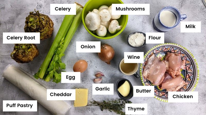 Ingredients for the celery, mushroom and chicken pie