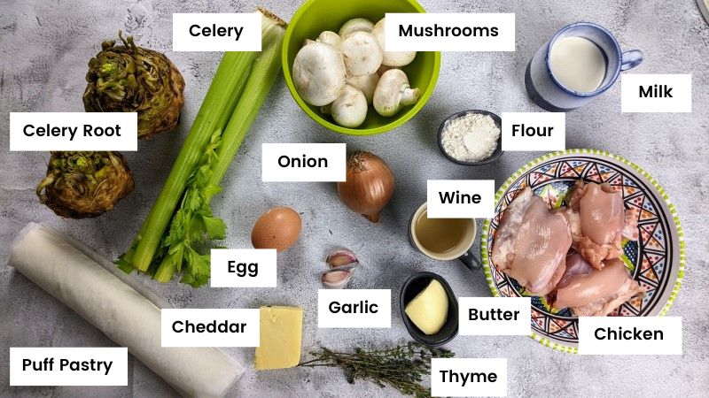 Ingredients for the celery, mushroom and chicken pie Ingredients for the celery, mushroom and chicken pie.