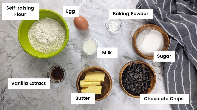 Ingredients for chocolate chip rock cakes Ingredients for chocolate chip rock cakes.