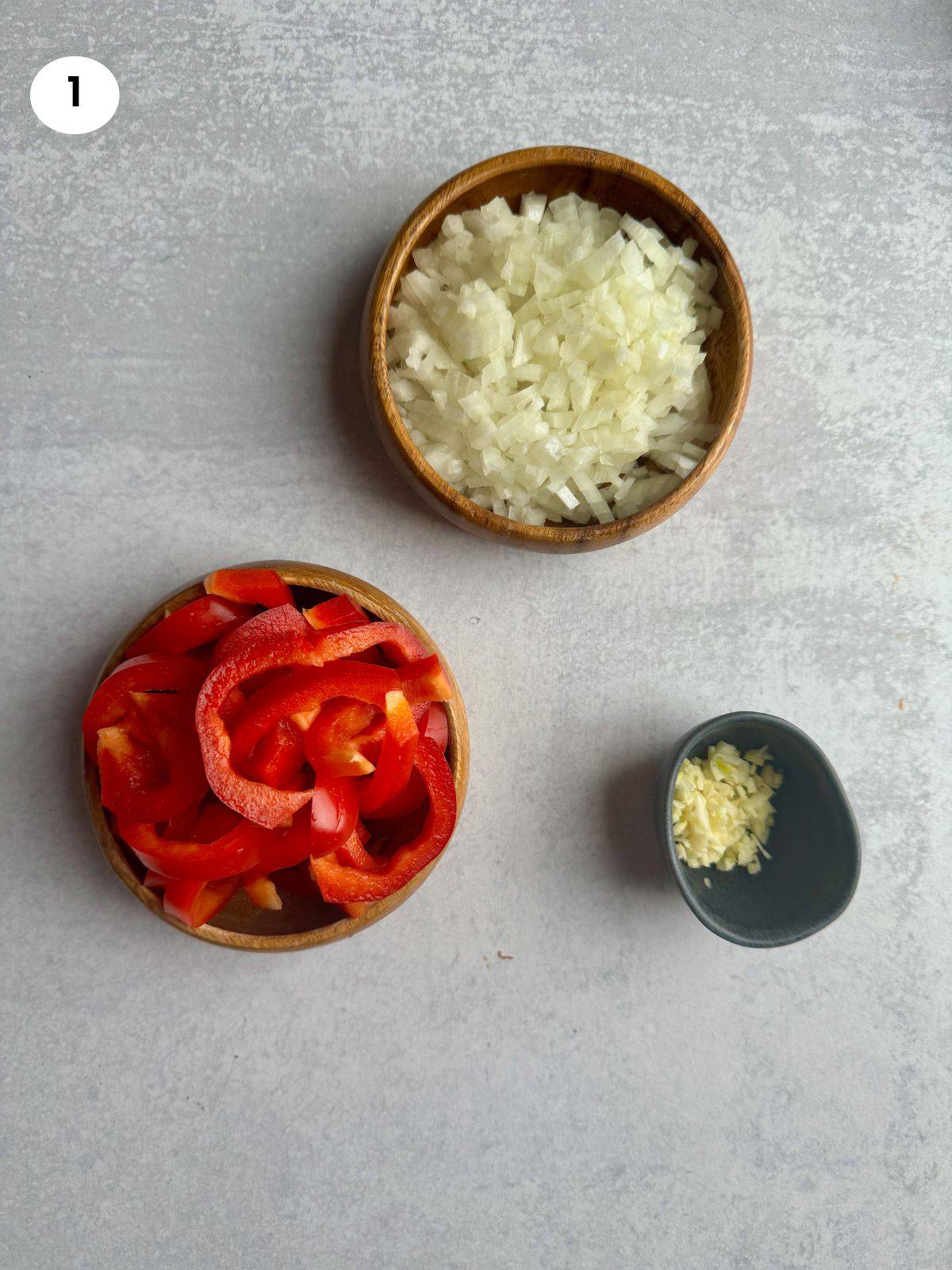 Chopped ingredients for the shrimp chorizo pasta.