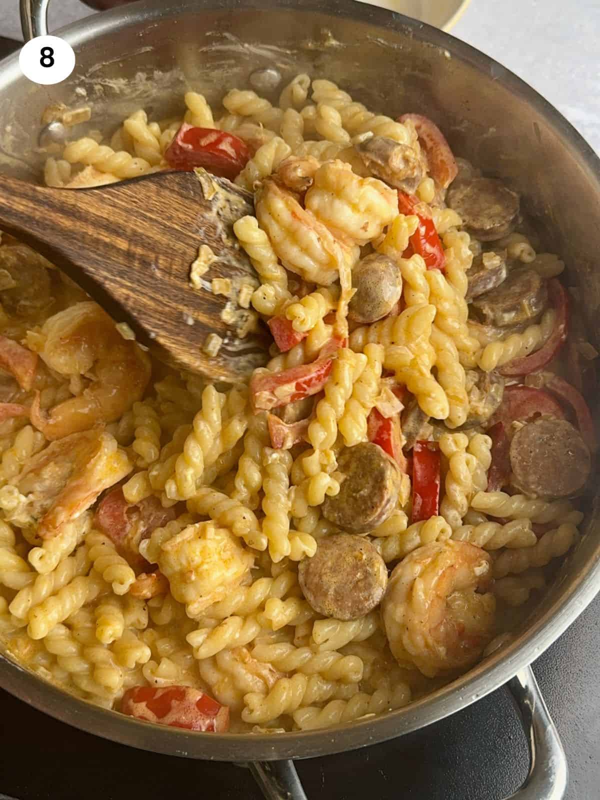 Pasta is ready and still in the pan before served.