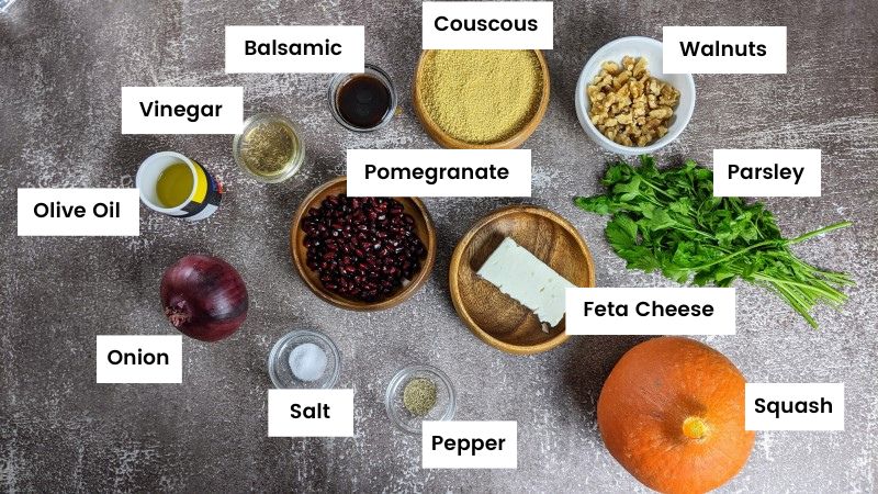 Ingredients for couscous salad with roasted squash Ingredients for couscous salad with roasted squash.