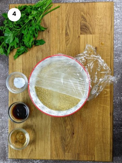 Preparing the couscous before adding to the salad.