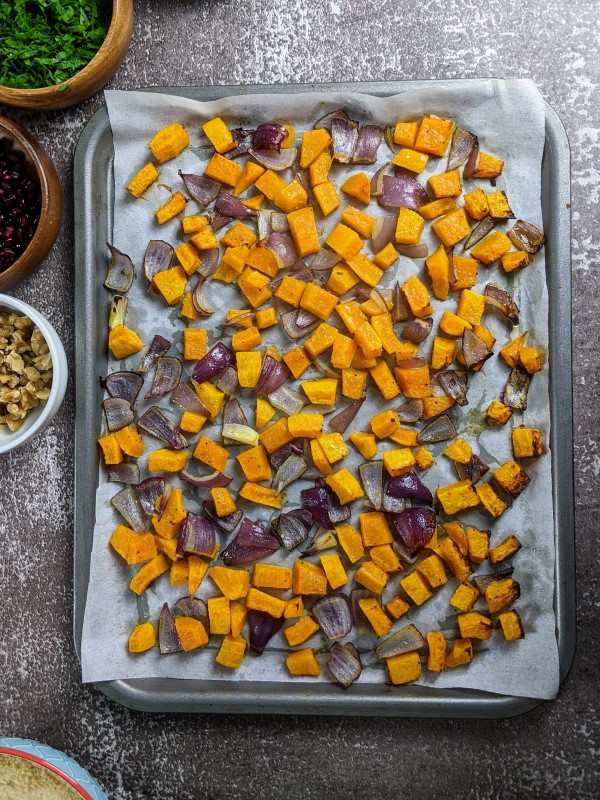 Roasted vegetables when they come out of the oven.