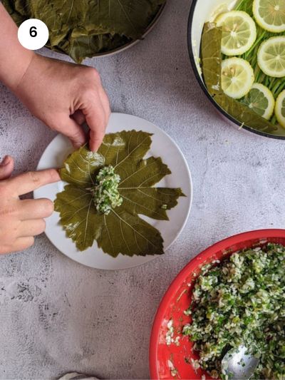 Adding a spoonful of filling to the bottom of the grape leaf.