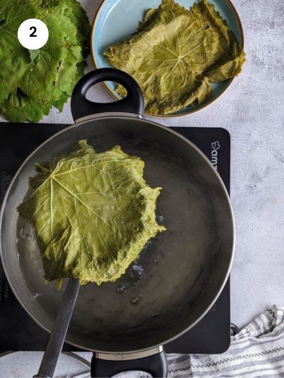 Removing the grape leaves off the water and setting aside.