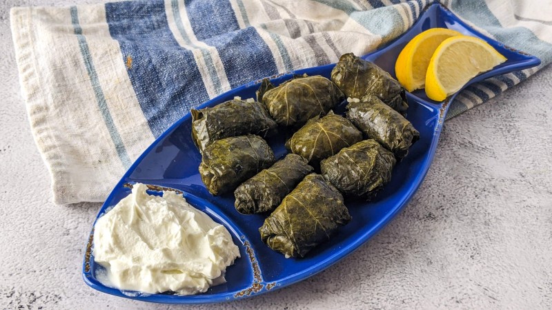 Dolmadakia served in a fish plate with yogurt and lemon slices.