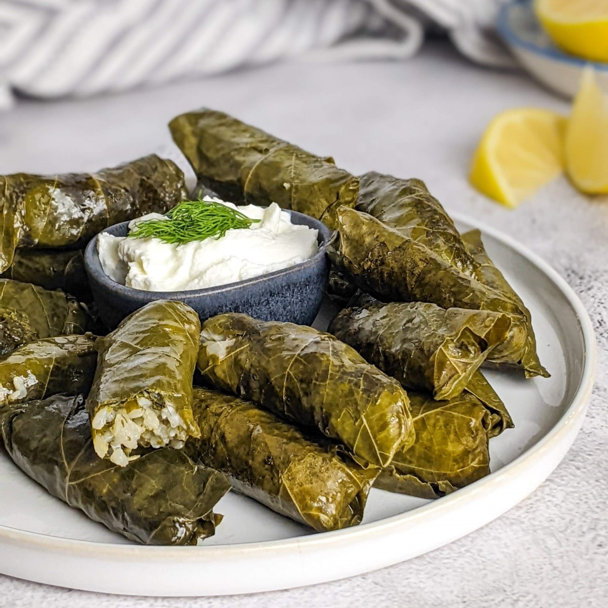 Stuffed grape leaves on a plate next to a bowl with yogurt and lemon slices.