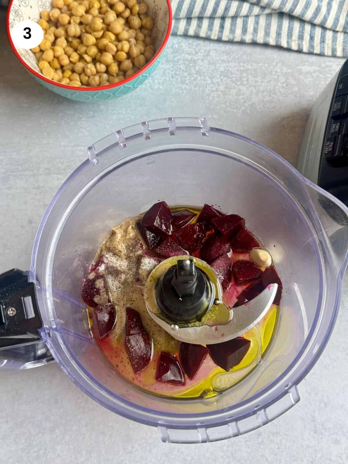 All ingredients apart from chickpeas in the food processor.