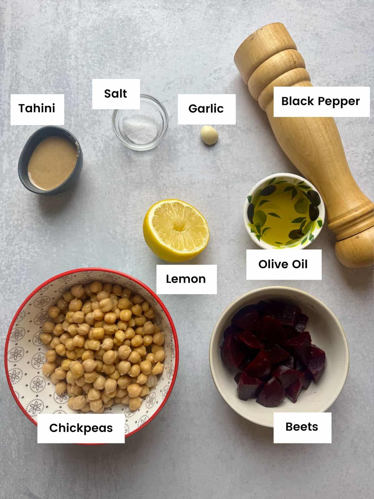 Ingredients for beet hummus.