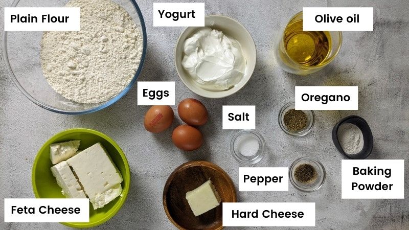 Ingredients for feta cheese bread recipe Ingredients for feta cheese bread recipe.