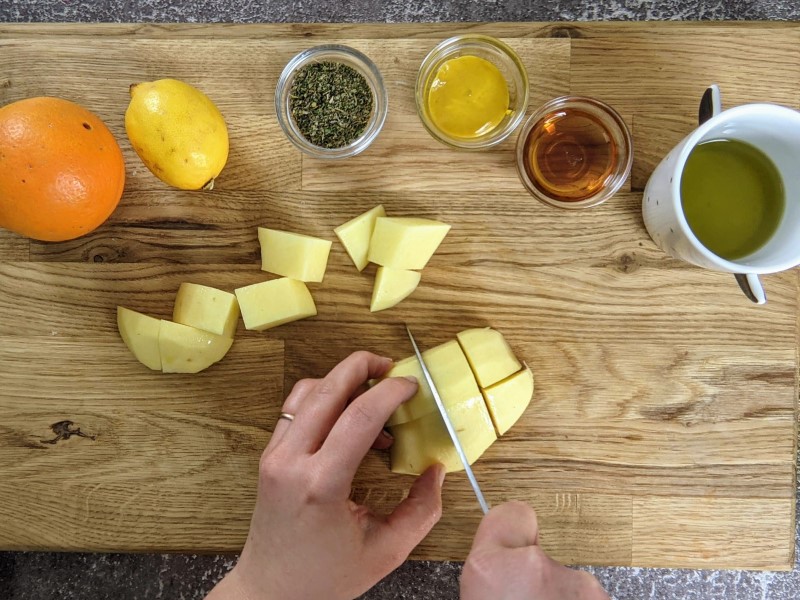 How to cut potatoes for herb roasted potatoes.