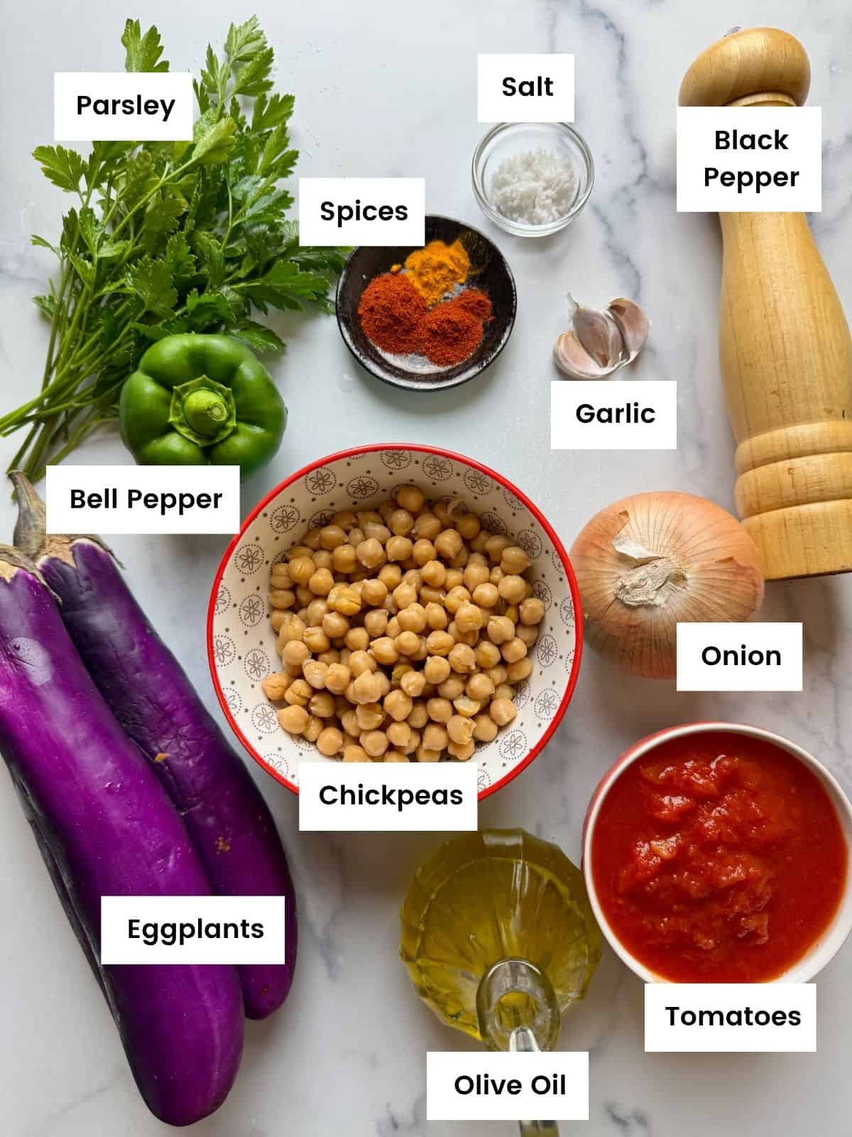 Ingredients for eggplant and chickpea stew.