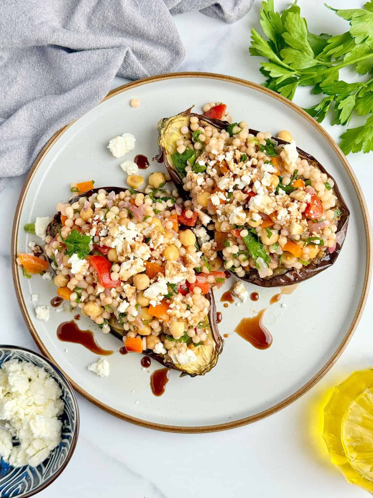 Mediterranean Roasted Eggplants With Couscous & Chickpeas.