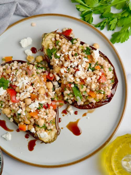Mediterranean Roasted Eggplants With Couscous & Chickpeas.