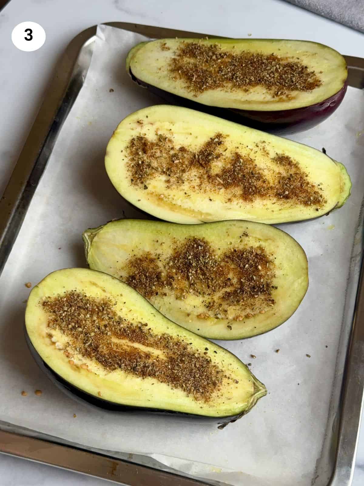 The eggplants are ready to go in the oven.